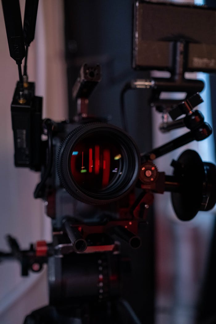 Close-up of a professional camera with rig and lens, highlighting studio setup.